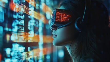 Woman wearing virtual reality headset engaged in data processing with vibrant digital financial data visuals and glowing global connections.