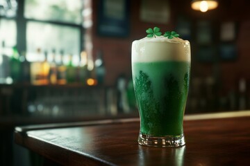 Frothy green beer with clovers on bar counter for st. patrick's day celebration