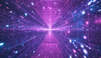 Fototapeta premium A vibrant, futuristic tunnel with glowing pink and blue lights creates a sense of depth and motion, resembling a sci-fi wormhole or digital data stream.
