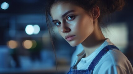 Night Portrait: Serene Young Woman in Blue Light