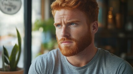 Obraz premium Redheaded man with well-groomed beard in gray t-shirt looking thoughtfully out of window in cozy cafÃ© setting, contemplating future plans and goals