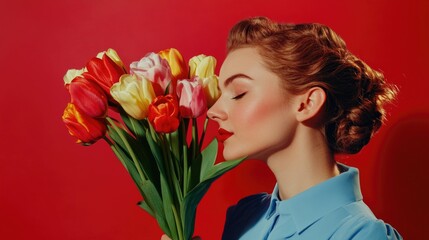 Naklejka premium Cheerful young woman in light blue outfit holding vibrant bouquet of red yellow and white tulips while smiling against bright red background