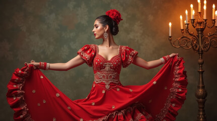 Beautiful spanish woman in traditional red dress dancing flamenco on dark grunge background