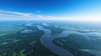Aerial view of winding river surrounded by lush green forests and open fields under clear blue sky. serene landscape showcases beauty of nature