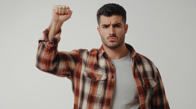 Confident young adult man with dark hair in plaid shirt and gray t-shirt raising fist passionately in protest against white background