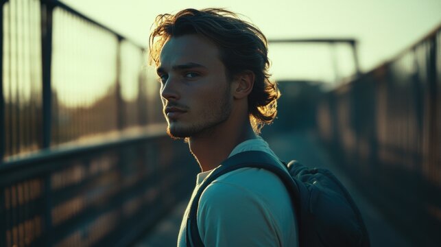 Young man with tousled hair training on a metal bridge at sunset, wearing a backpack, showcasing determination and focus in warm golden light.