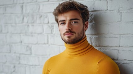 Fototapeta premium Handsome young man in a vibrant yellow turtleneck sweater posing against a textured white brick wall in an urban setting, showcasing modern fashion aesthetics.