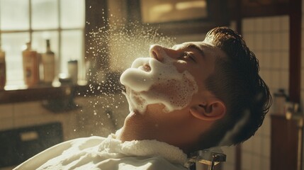 Vintage Barber Experience with Shaving Foam on Young Man's Face in Sunlit Retro Barber Shop Interior with Soft Natural Light