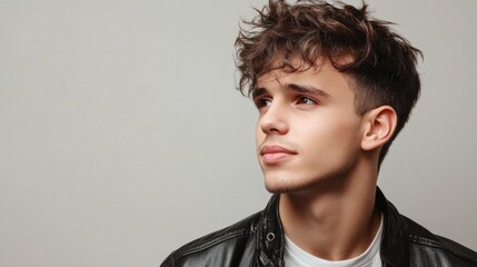 Fototapeta premium Stylish young adult man with trendy curly haircut wearing a leather jacket against a soft grey background showcasing a relaxed and confident expression.