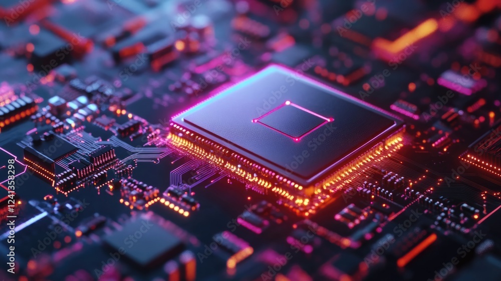 Aufkleber futuristic technology circuit board with neon glow and microprocessor in dark tones showcasing innov