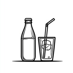 Refreshing drink bottle and glass with ice