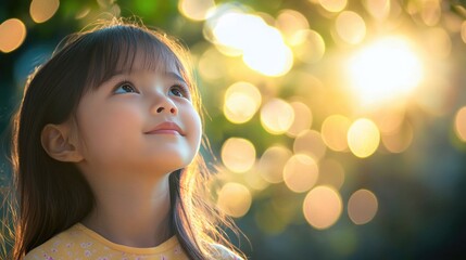 Portrait of a young Asian girl with long dark hair looking up, soft bokeh background in warm golden tones, capturing innocence and wonder.