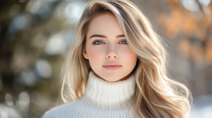 Naklejka premium Close-up portrait of a beautiful young woman with long blonde hair and blue eyes wearing a cozy white turtleneck sweater in a soft winter setting with blurred background and natural light highlight...