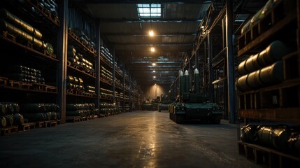 Military storage facility filled with artillery shells and vehicles, illuminated by overhead lights