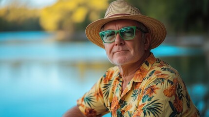 Mature man with American appearance wearing a Hawaiian shirt, straw hat, and green glasses, relaxing by a tranquil blue lake in a serene natural setting.