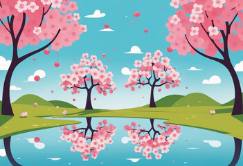 Playful illustration of cherry blossom trees reflecting in a calm pond under a blue sky with fluffy clouds 