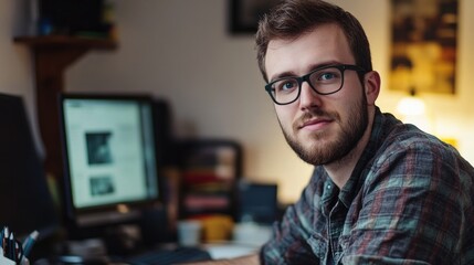 Young adult man with beard working from home in a cozy office environment, wearing glasses, with a computer and desk clutter, warm lighting.
