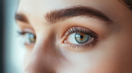 Fototapeta premium Caucasian Young Woman with Beautiful Blue Eyes Focused on Brow Care Procedures including Waxing and Lamination in Natural Light Setting