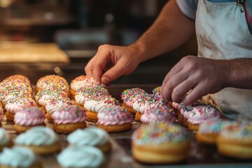 Baker perfecting colorful sprinkle-topped desserts in artisan bakery setting