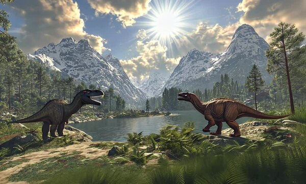 Dinosaurs facing lake, mountain background, prehistoric scene, illustration