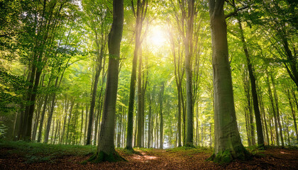 Obraz premium painterly beech forest scenery with the luminous solar shining via the inexperienced foliage with timber as leading lines