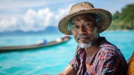 Elderly Asian Man with Straw Hat Smiling at Lipe Island Thailand with Turquoise Waters and Lush Greenery in Background