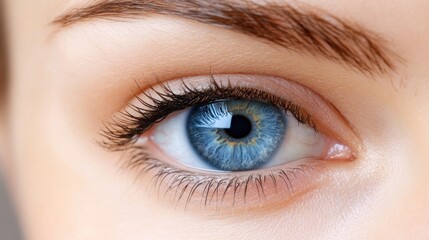 Obraz premium Close-up macro shot of a young woman's striking blue eye showcasing intricate details of the iris and eyelashes with natural skin tones.