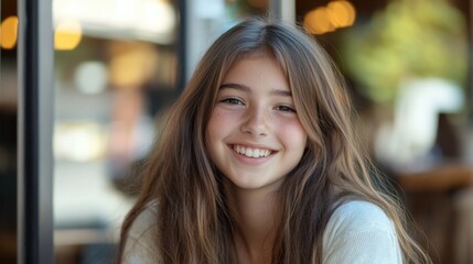 Obraz premium Happy young teenage girl with long brown hair smiling in a cafe after shopping, natural light and warm ambiance, casual clothing, joyful expression.