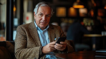Senior businessman in elegant brown blazer using smartphone indoors at a cozy pub with warm lighting and wooden interior setting