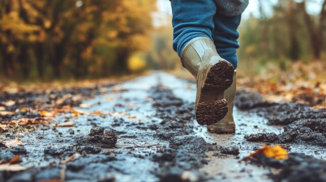 Adorable young boy wearing rubber boots joyfully running along a dried-up, potholed back road surrounded by vibrant autumn foliage in the countryside. - Powered by Adobe