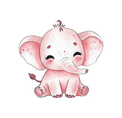 Cute watercolor illustration of a happy baby elephant sitting playfully in a cheerful pose