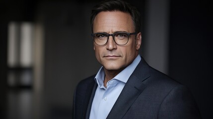 Professional man in tailored suit and glasses posing confidently in a softly lit modern office