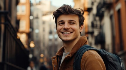 Naklejka premium Smiling young man with short brown hair wearing a tan jacket and backpack, standing cheerfully in an urban setting with warm-toned buildings.