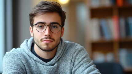 Handsome young man in a cozy gray hoodie studying with books in a well-lit university library setting, focus on facial expression and intellectual vibe