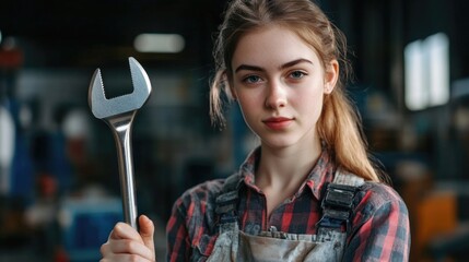 Young adult woman holding a spanner in a workshop wearing a plaid shirt and apron with industrial background showcasing craftsmanship skills.