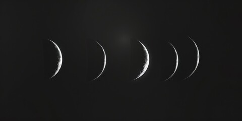 An all-black backdrop with clean, minimalist glowing crescent moons, Radiant and celestial design