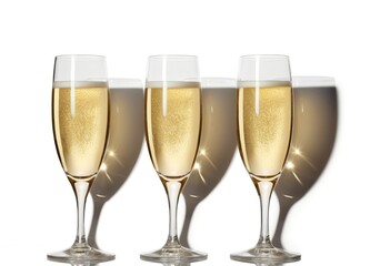 Three glasses of champagne with long shadows on a close-up white background