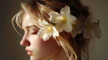 Naklejka premium Young woman with flowing blond hair adorned with white freesia flowers, captured in soft, natural light showcasing delicate beauty.
