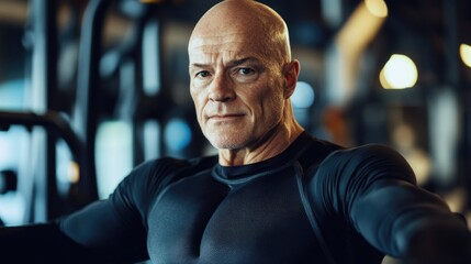 Obraz premium Portrait of determined senior man with bald head exercising chest muscles in modern gym environment focused on health and active lifestyle