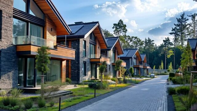 Modern cottage village with two-storey houses with solar panels, green lawn and forest. 3 d, 4 K. Suburban real estate market, residential complex. Row of similar houses