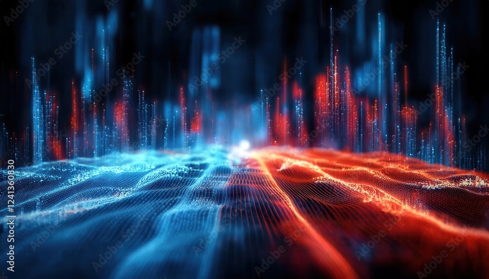 Aufkleber digital data wave with glowing red and blue light patterns, futuristic abstract technology landscape for analytics design