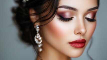Elegant closeup portrait of mature Asian woman bride with professional makeup featuring soft silver and blush tones on a grey background