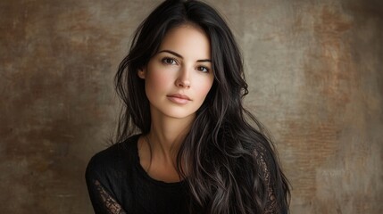 Fototapeta premium Professional studio portrait of a young woman with long dark hair, soft features, and a serene expression against a textured brown backdrop.