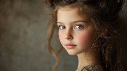 Fototapeta premium Portrait of a young girl with wavy brown hair styled elegantly against a textured blurred background in soft natural lighting.