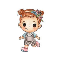 Cute watercolor illustration of a cheerful girl with bun hairstyles and floral accents in a playful outfit