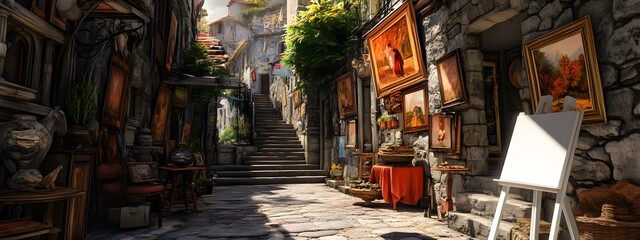 Photo of an alleyway in the ancient city center, walls covered with framed pictures and art pieces
