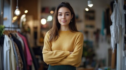 Confident young female fashion designer in a cozy boutique wearing a yellow sweater and green skirt, surrounded by stylish clothing and accessories.