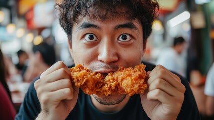Delighted Asian man enjoying crispy fried chicken in vibrant food market with colorful background ambiance showcasing culinary pleasure and joy