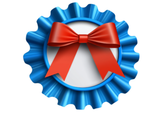 PNG Blue Rosette with Red Ribbon Bow, transparent background