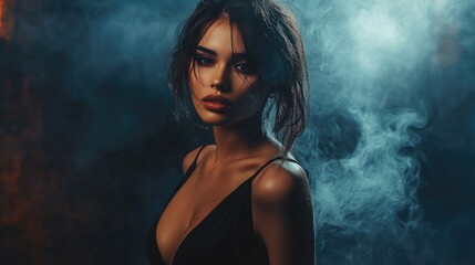 Fototapeta premium Elegant young woman with stylish makeup and wet brunette hair in a black tent dress posing in a dramatic smoky dark interior setting